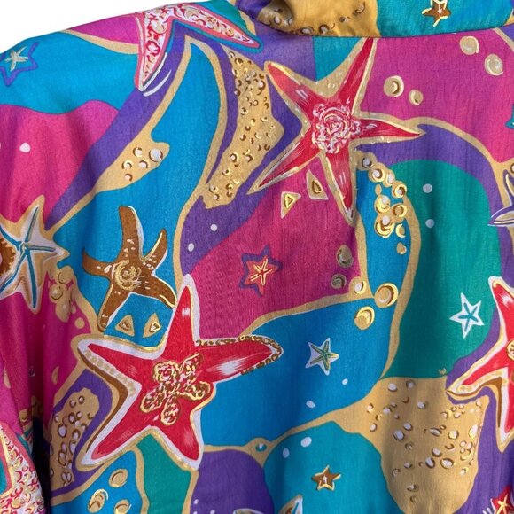 Lavon Vintage 80s Starfish Print High Collar Purple Swishy Windbreaker Jacket S - Picture 7 of 11